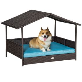 PawHut Elevated Wicker Dog House Indoor Outdoor Raised Rattan Bed Blue Removable Cushion