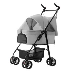 4 Wheels Pet Stroller Foldable Carrier Strolling Cart Travel Jogger Pet Stroller with Removable Liner Storage Basket for Dog Cat (Option: PetStrollerGrey)